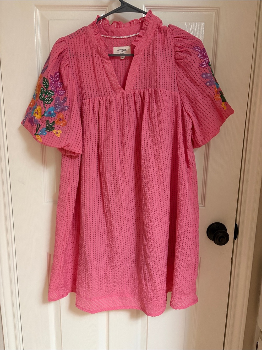 Umgee Hot Pink Embroidered Puff-Sleeve Babydoll Dress